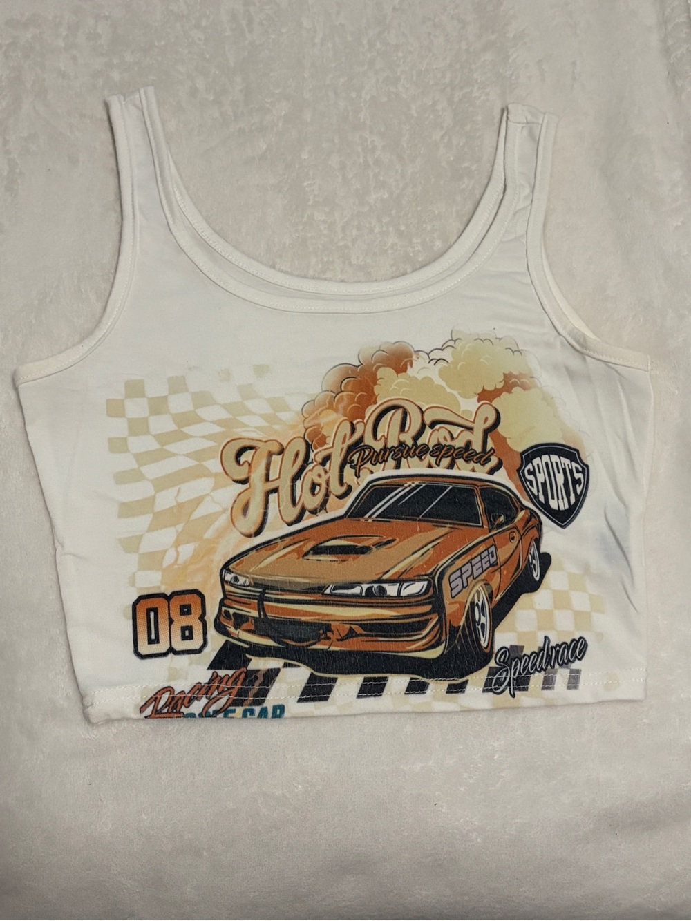 SHEIN White Tank Top with Orange Race Car Graphic
